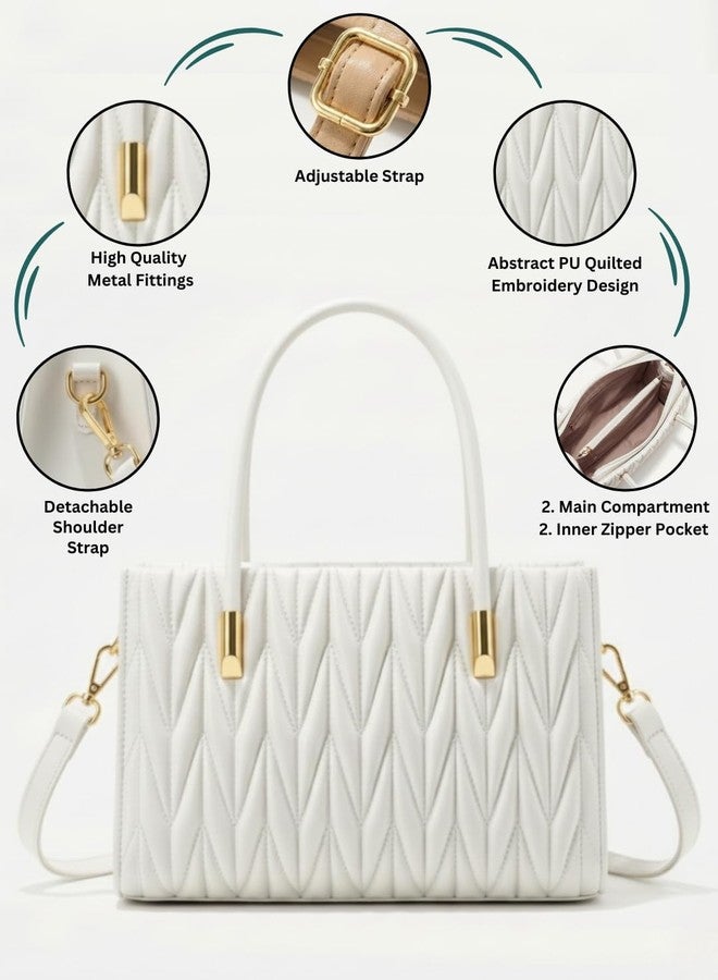 LIKE STYLE Women’s Chevron Quilted PU Rexine Sling Bag | Premium Dual Compartment Handbag with Detachable Strap & Top Handles (White) - Image 5